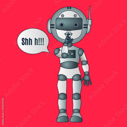 emoji with character shushing shh h to politely tell people to shut up and be quiet to keep silence, robot with antennas and a helmet using finger on mouth gesture to stop talking