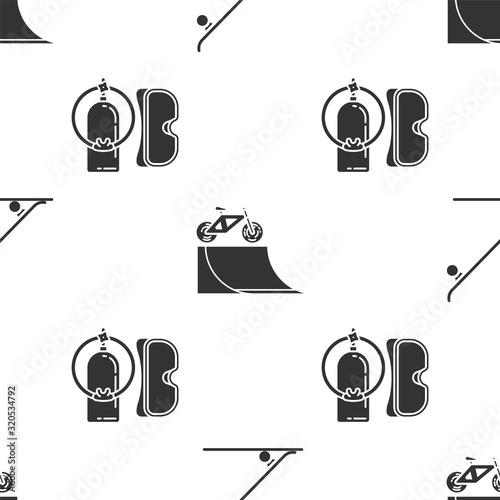 Set Skateboard, Bicycle on street ramp and Diving mask and aqualung on seamless pattern. Vector
