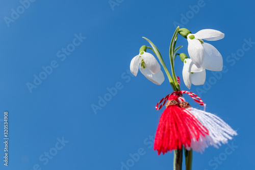 Snowdrops and martenitsa and blue sky background. March 1 tradition white and red cord martisor. Cheerful concept of the beginning of spring. Bulgarian holiday of Baba Marta. Copy space. photo