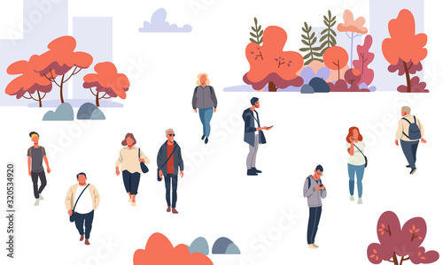 People in the autumn park. Set casual men and women in forest in fall isolated on white background vector illustration.