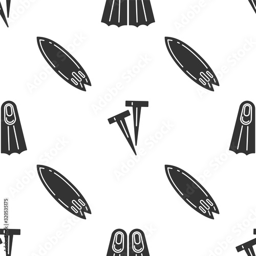 Set Rubber flippers for swimming, Pegs for tents and Surfboard on seamless pattern. Vector