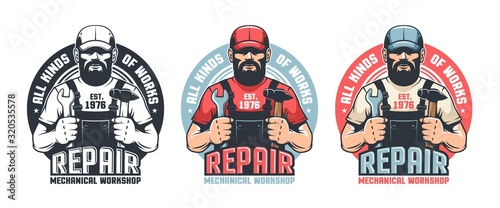 Fototapeta Repair man worker vintage logo. Mechanic workshop retro emblem. DIY man in old school badge. Vector illustration.
