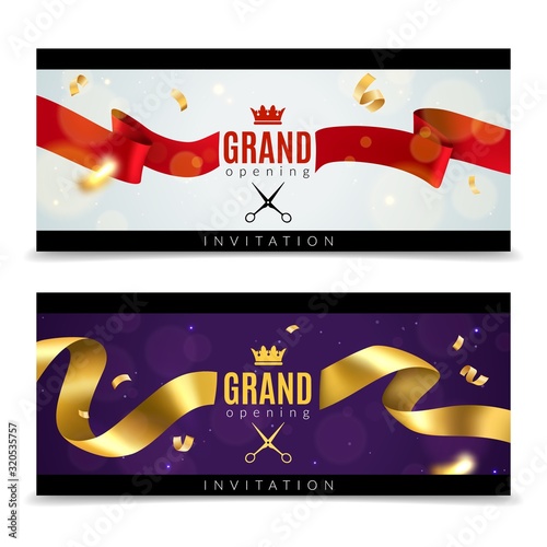 Grand opening banners. Luxury festive invitation card with red and golden ribbons with scissors, ceremony celebration flyer vector set
