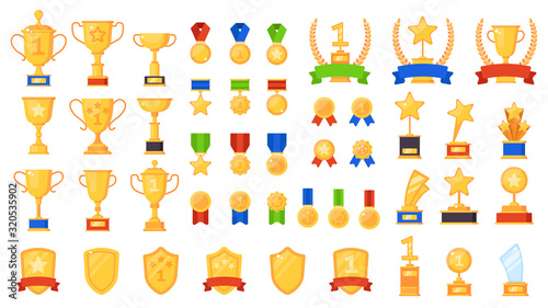 Awards flat. Different sport trophy, golden cups medals and laurel wreaths and prizes, winners star symbols design vector icons photo