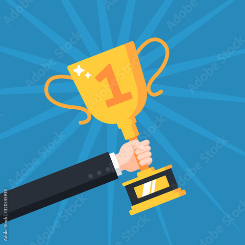 Hand with trophy cup. Successful businessman holding golden cup award in hand, competition winner prize, champion trophy reward vector concept