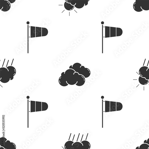 Set Cloud with rain and sun, Cloud and Cone meteorology windsock wind vane on seamless pattern. Vector