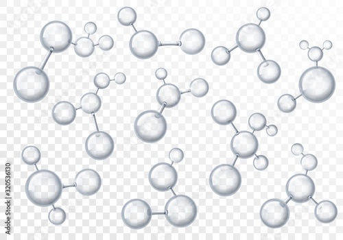 Molecules. 3d transparency molecular structures, chemistry macro models with reflection. Genetic and biotechnology abstract isolated vector set
