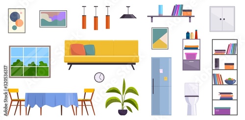 Flat furniture. Home room interior elements. Window, lamp and plant, sofa and chair with table, bookcase and fridge, toilet bowl vector set