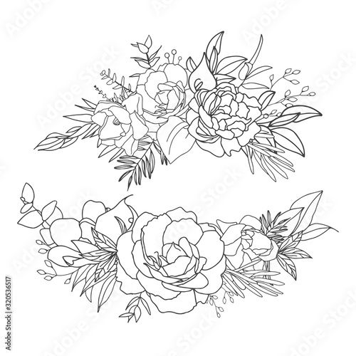 Elegant arrangements in black and white with white fill. Hand-drawn big flowers. Design wedding invitation, envelopes, greeting card template. Vector illustration