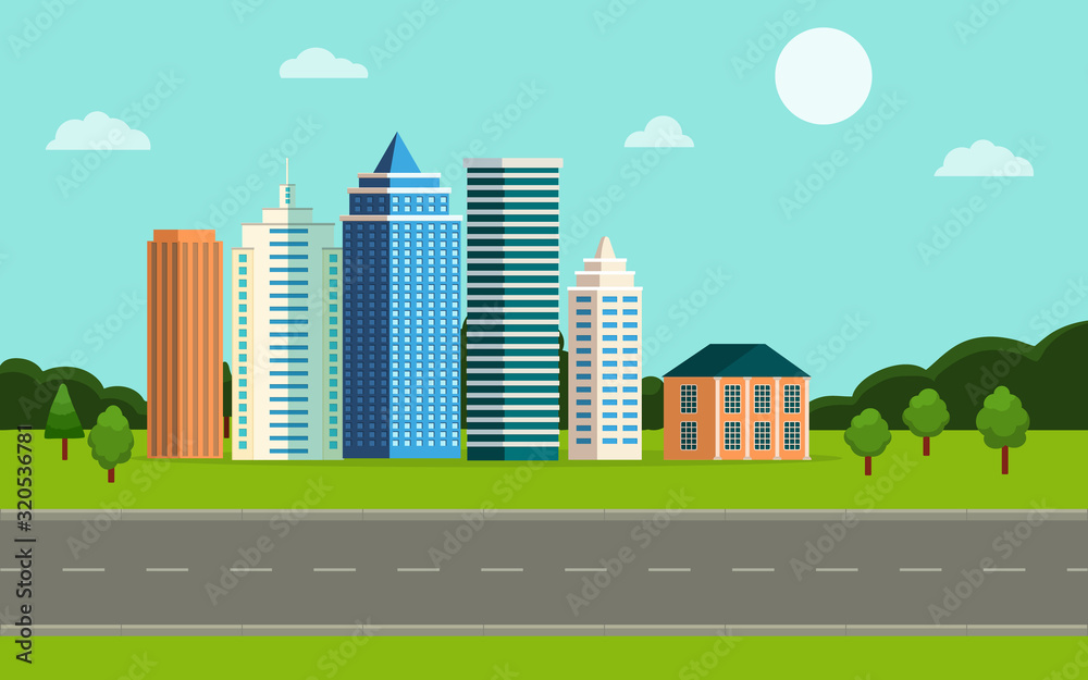 City landscape illustration. Front view cityscape. Urban panorama in flat graphic style. Town with street, road and nature. Horizontal banner with skyscrapers, flat houses. Design vector background.