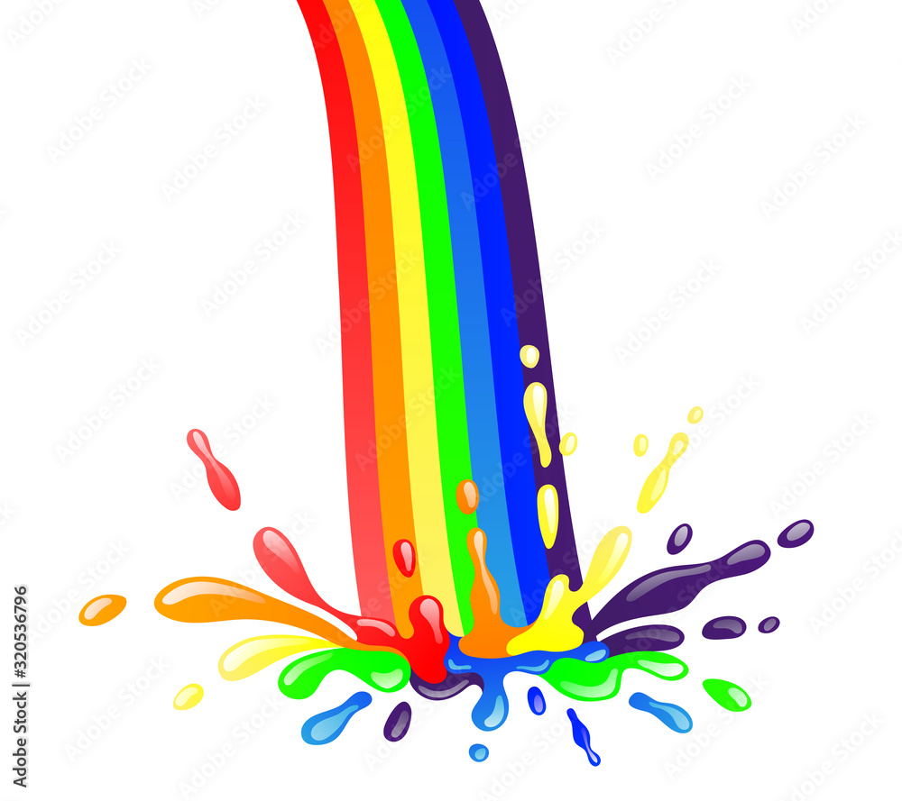Obraz premium Bright rainbow and colorful splash with drops on a white background.