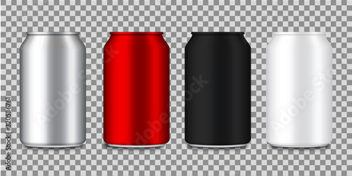 Set of realistic aluminium cans for soda, beer, juice, cola. Metal or steel packaging for beverage. Color bottles. Silver, red, container for drinks. Blank aluminum canisters. vector illustration.