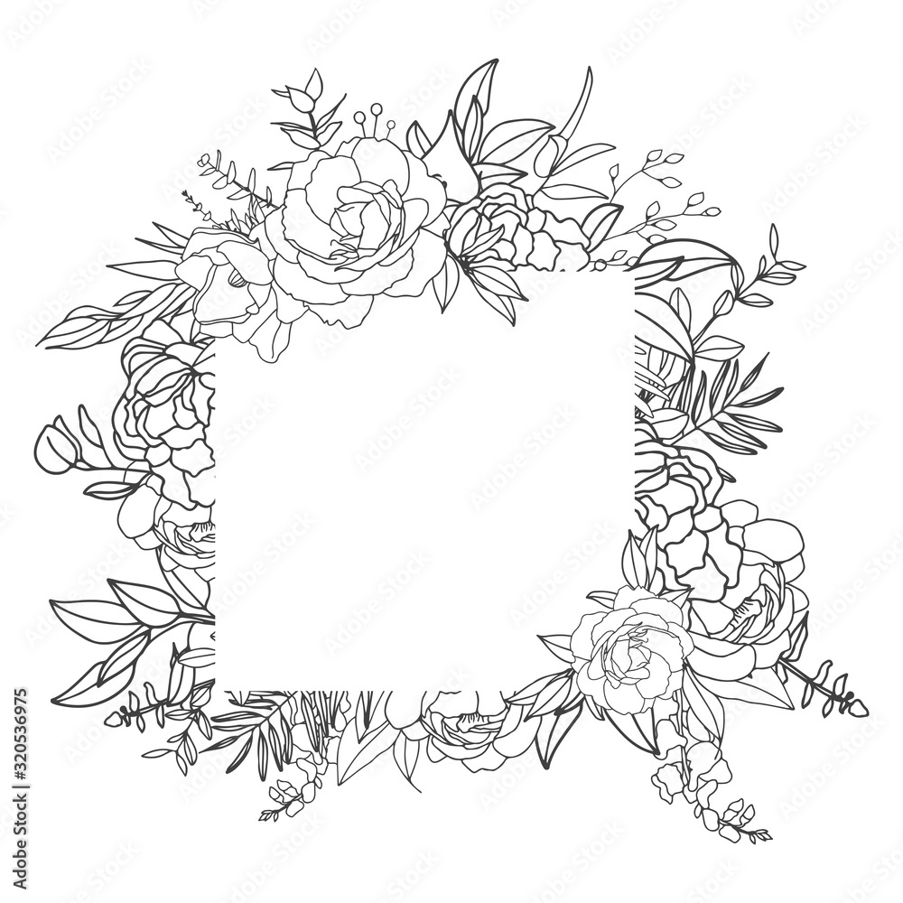 Fototapeta premium Elegant delicate floral frame. Black and white linear hand drawing. Decoration wedding invitation design, envelopes, greeting card template. Vector illustration