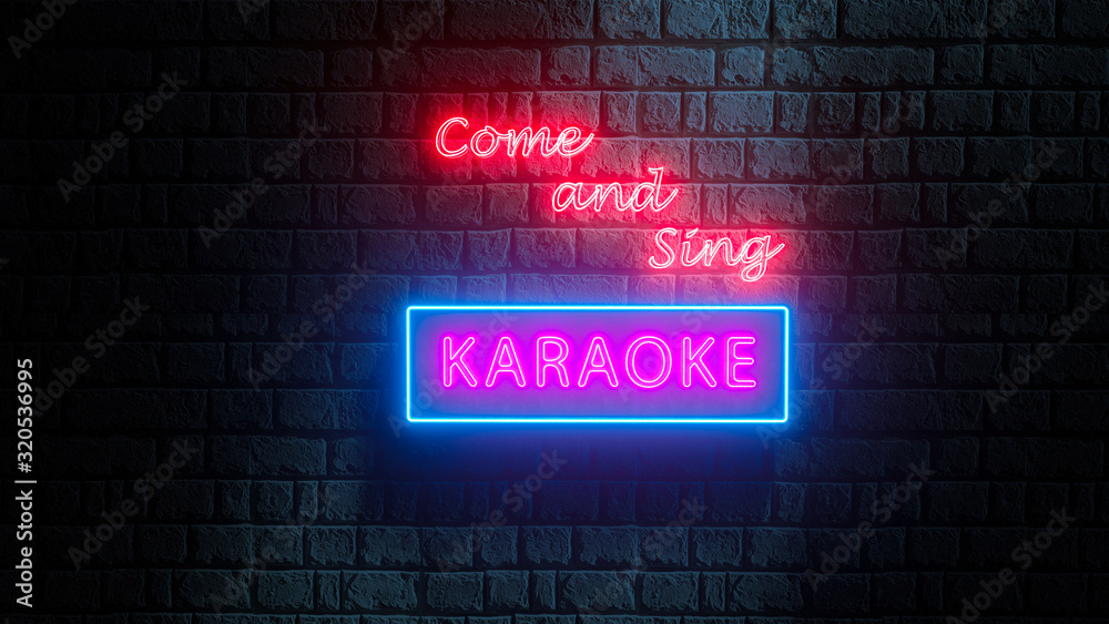 Obraz premium Come and Sing Karaoke neon sign on brick wall at night. 3d render