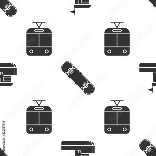 Set Fishing boat, Skateboard and Tram and railway on seamless pattern. Vector