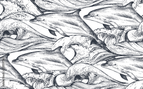 Vector monochrome seamless pattern with ocean waves and dolphins in sketch style