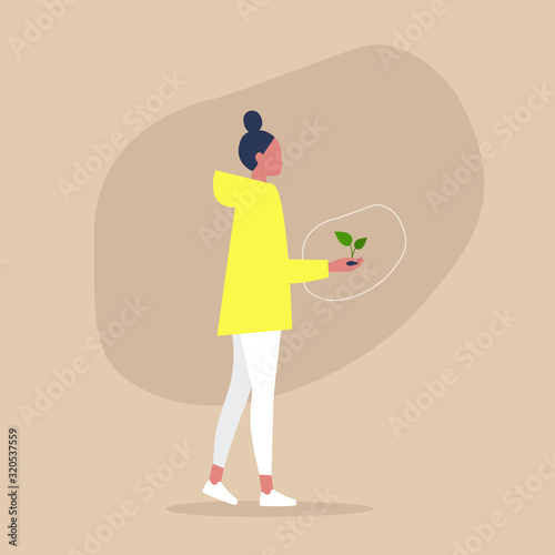 Go green, young female character holding a plant in their hand, sustainability and responsibility, eco friendly behaviour