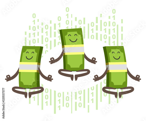 Money characters meditating. Digital transaction, non-cash payments.
