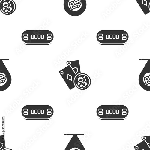 Set Casino location, Playing cards and glass of whiskey with ice cubes and Poker table on seamless pattern. Vector