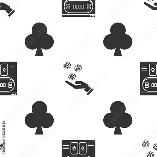 Set Online poker table game, Hand holding casino chips and Playing card with clubs symbol on seamless pattern. Vector