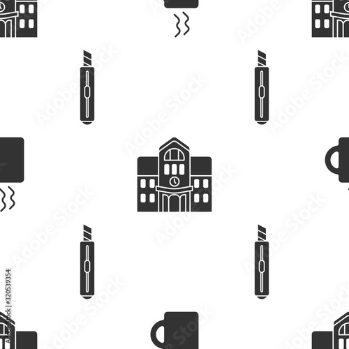 Set Coffee cup, School building and Stationery knife on seamless pattern. Vector