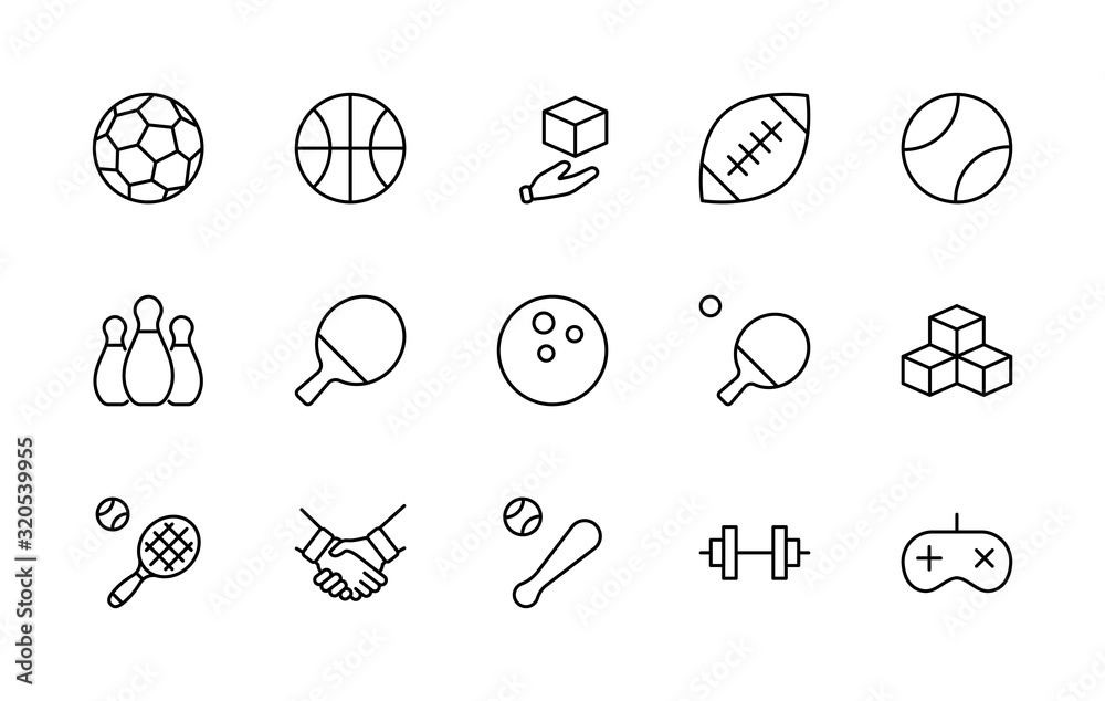 Fototapeta premium Set of Sports balls, hobbies, entertainment vector line icons. It contains symbols of football, basketball, bowling, tennis and much more. Editable Stroke. 32x32 pixels.