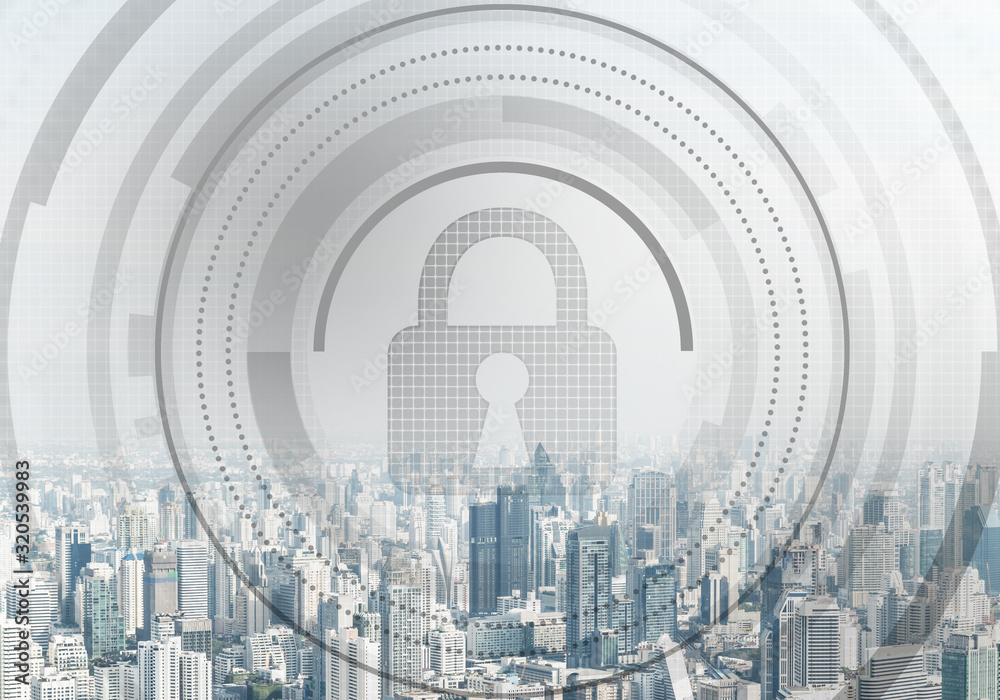 Cybersecurity mixed media with virtual padlock