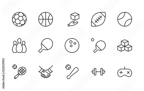 Set of Sports balls, hobbies, entertainment vector line icons. It contains symbols of football, basketball, bowling, tennis and much more. Editable Stroke. 32x32 pixels.