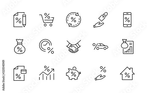Set of Credit and Loan Related Vector Line Icons. Contains such Icons as Credit Card, Rate Calculator, Deposit and more. Editable Stroke. 320x320 Pixel Perfect