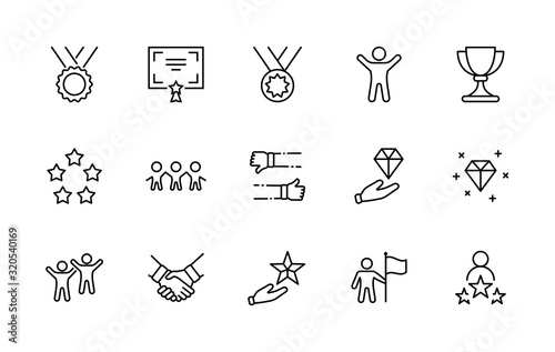 Set of Success Related Vector Line Icon. Contains such Icons as Cup, Ribbon, Star, Winner, Reward and more.Editable Stroke. 32x32 Pixel Perfect.