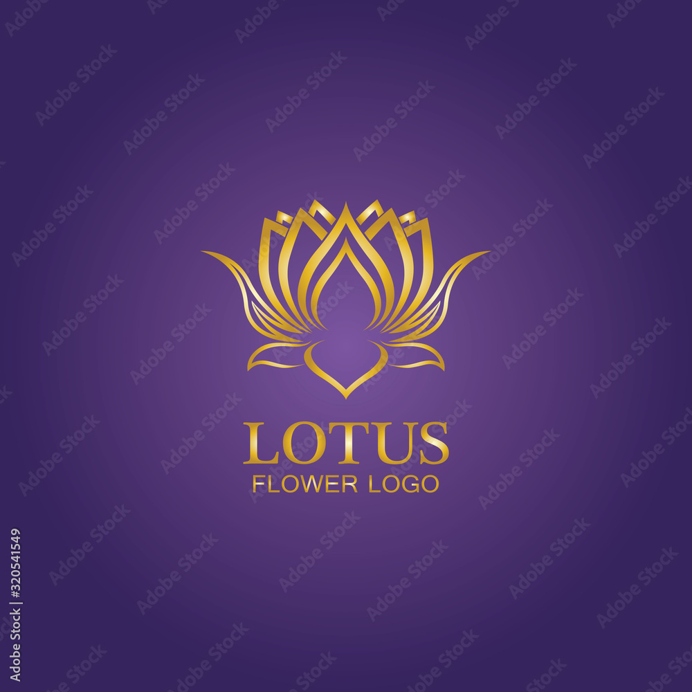 Obraz premium Golden lotus flower logo. Vector design template of lotus icon on dark background with golden effect for eco, beauty, spa, yoga, medical companies.