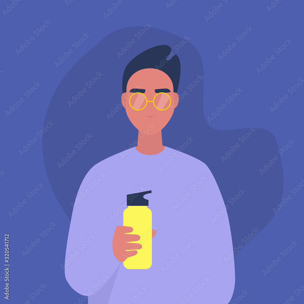 A portrait of a young male character drinking water from a metal reusable flask, heathy eco habits A portrait of a young male character drinking water from a metal reusable flask, heathy eco habits