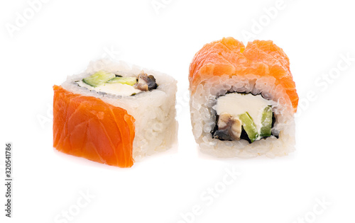 sushi and rolls with different toppings in two pieces close-up on a white background