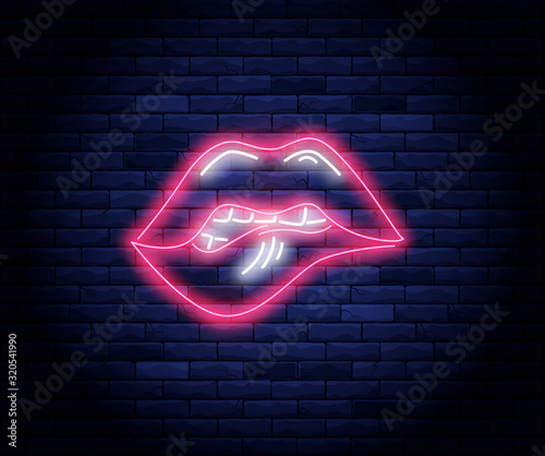 Female pink lips neon vector illustration.