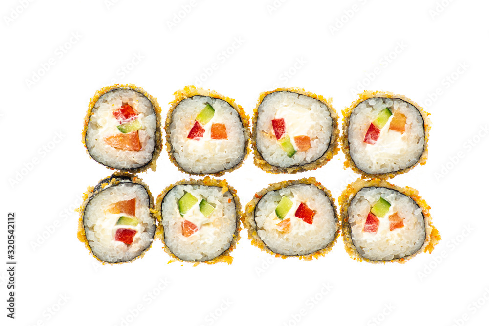 sushi and rolls with different toppings in eight pieces close-up on a white background top view sushi and rolls with different toppings in eight pieces close-up on a white background top view