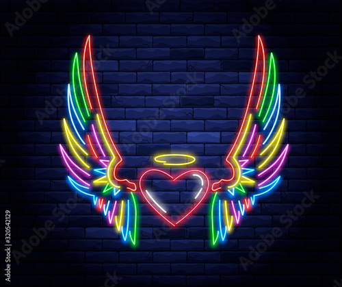 Illuminated neon heart with angel wings and halo