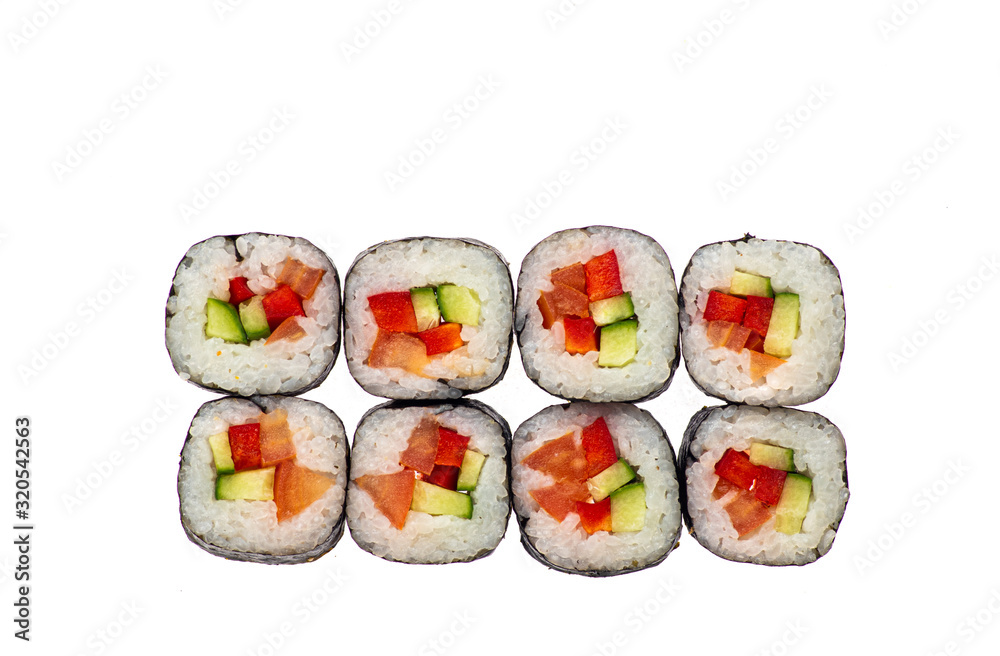 sushi and rolls with different toppings in eight pieces close-up on a white background top view sushi and rolls with different toppings in eight pieces close-up on a white background top view