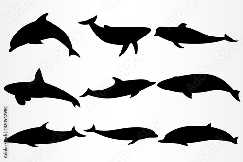 A set of nine icons for various dolphins and whales.