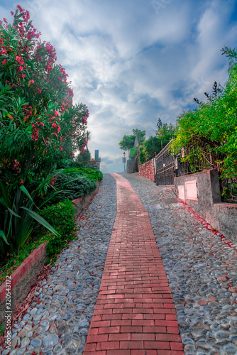 View of a red stone tile path in a mountain village in Italy  surrounded by old walls  green trees and shrubs with red and purple flowers blooming against a dark cloudy sky.