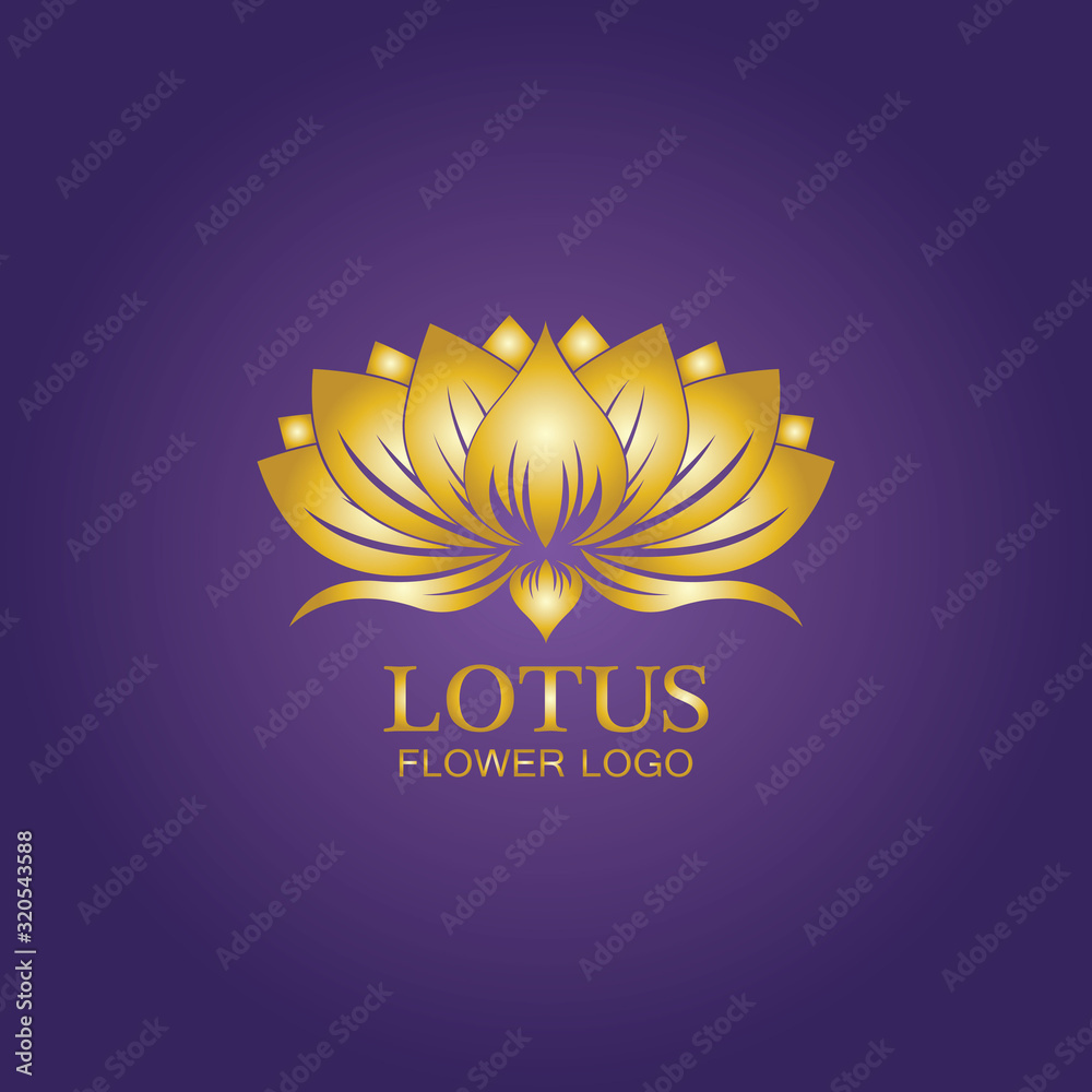 Golden lotus flower logo. Vector design template of lotus icon on dark background with golden effect for eco, beauty, spa, yoga, medical companies. Golden lotus flower logo. Vector design template of lotus icon on dark background with golden effect for eco, beauty, spa, yoga, medical companies.