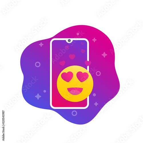 Happy emoji with hearts eyes on screen of smartphone, vector