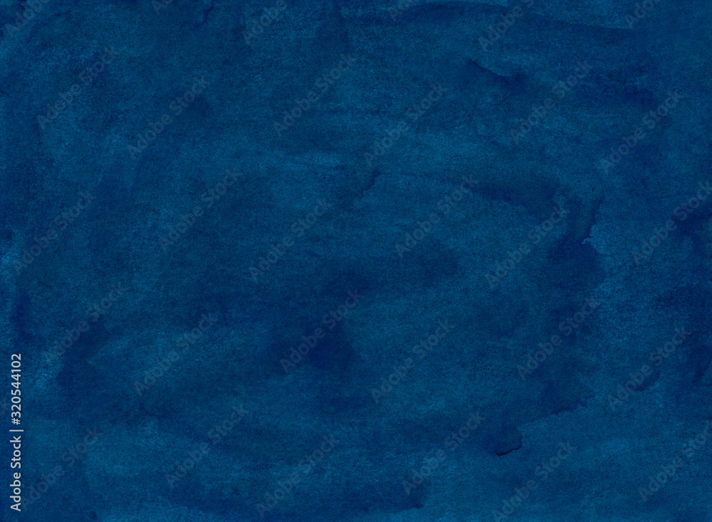 Watercolor dark ink blue background painting texture. Vintage blue color hand painted watercolour backdrop. Stains on paper.