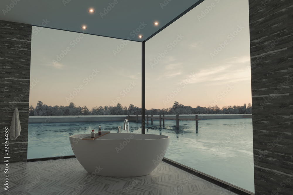 3d rendering of elegant bathroom with freestanding bathtub in front of frozen lake