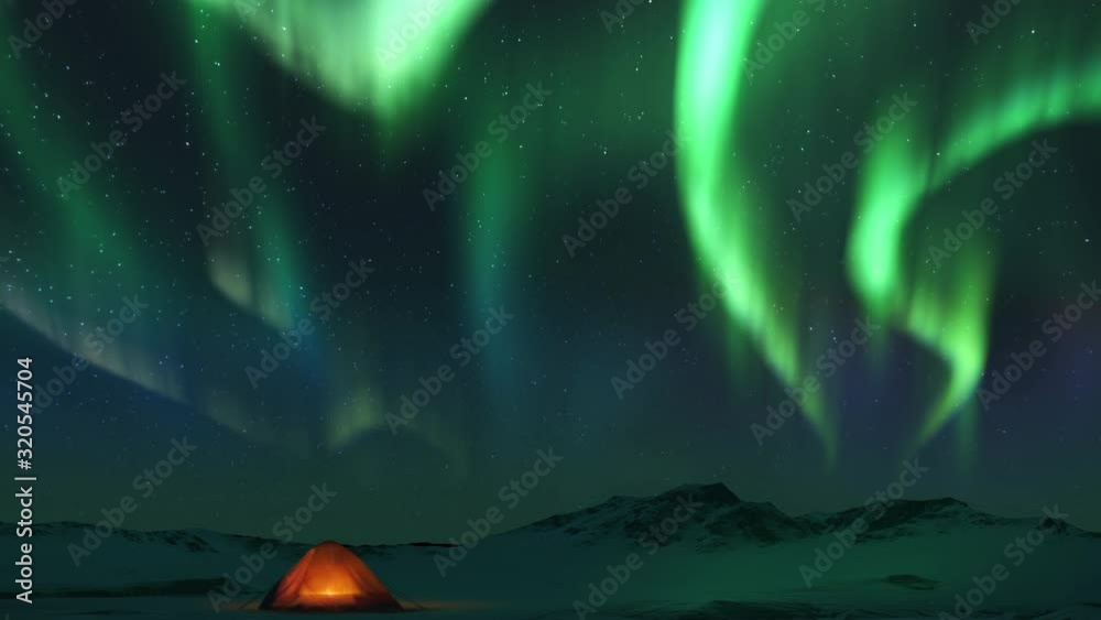 Animation of spectacular realistic Bright Aurora Borealis landscape. Touristic tent in the mountains. Time lapse clip of Polar Light or Northern Light in night sky. Dynamic stars motion on background