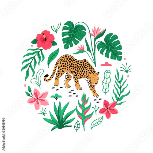 Photography Tropical leaves and leopard in the circle