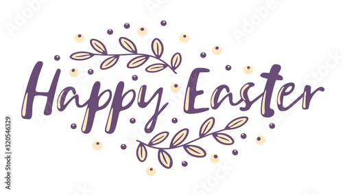 Hand drawn Easter text and leaves composition. Vector illustration.