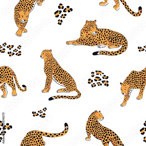 Fototapeta Naklejka Na Ścianę i Meble -  Vector seamless pattern with leopards on the white background.