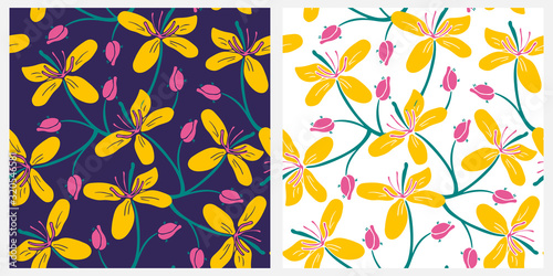 Two beautiful vector seamless patterns with greater celandine flowers. White and deep purple backgrounds. Hand drawn illustrations. Great  for fabric, wrapping papers, wallpapers. 