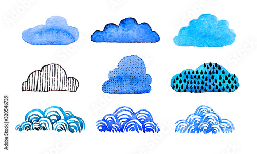 Cute hand drawn clouds. Funny cartoon cloud. Concept children's style drawings. Children doodle for sky background design. Set child drawing. Painting watercolor drawings. Vector