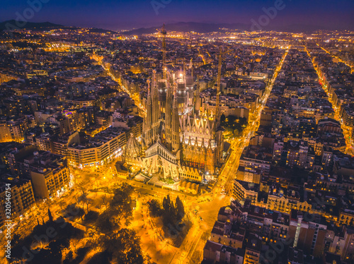 Photography La Sagrada Familia in night - cathedral designed by Antoni Gaudi, which is being build since 1882 and is not finished yet February 14, 2019, in Barcelona, Spain